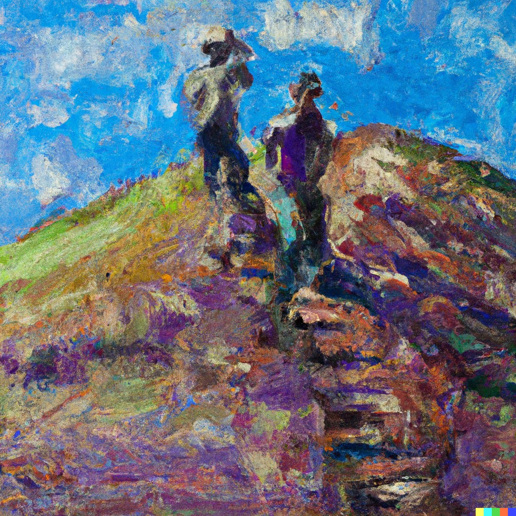 An image of two people climbing a mountain, a metaphor for getting psychological help