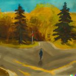 A painting of a person standing at a cross road, making a decision about which way to go. A metaphor for therapy. Created by DALL-E